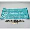 Graduation name ribbon, turquoise with silver printing.